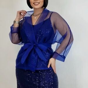 Royal Blue Sheer Organza Long Sleeve Kimono Wrap Top with Bow